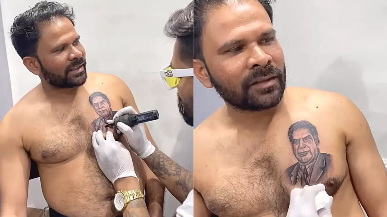 A man gets a portrait of Ratan Tata tattooed on his chest. | Courtesy: Mahesh Chavan