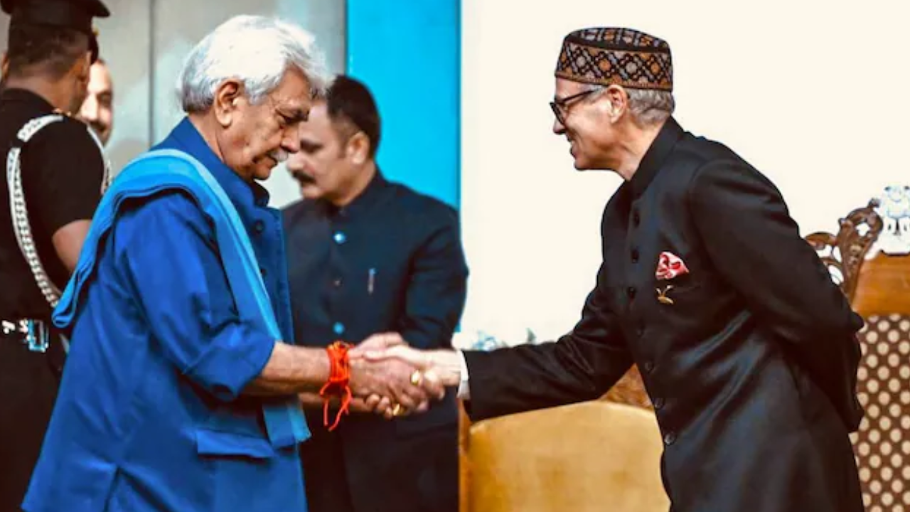 Jammu and Kashmir lieutenant governor Manoj Sinha with chief minister Omar Abdullah after the latter's swearing-in ceremony