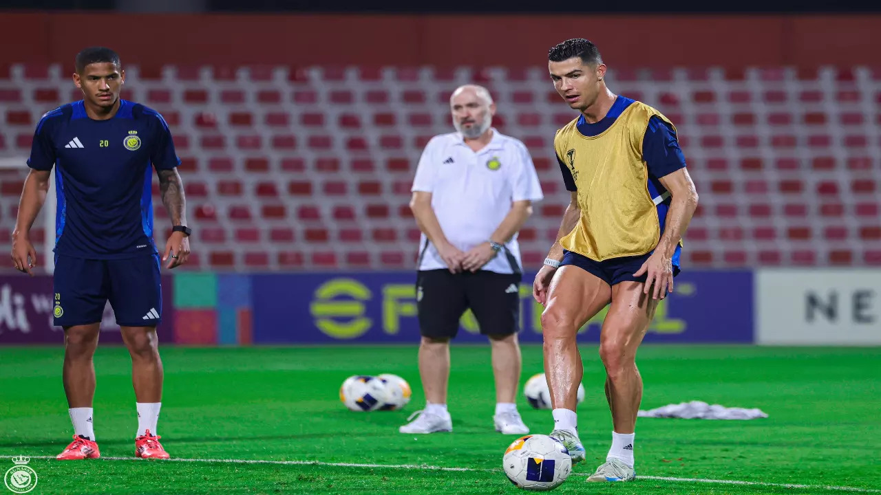 Cristiano Ronaldo takes part in a Al Nassr practice session