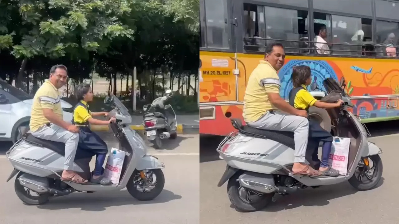 A father rides pillion behind his daughter driving a Jupiter with no licence, helmet or number plate in Chhatrapati Sambhajinagar, Maharashtra. | Courtesy: Aurangabad Insider/Instagram