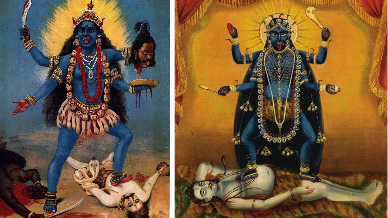 (L to R) A goddess Kali painting by Raja Ravi Varma; Kali Astride Shiva, from Early Bengal, Late 19th Century