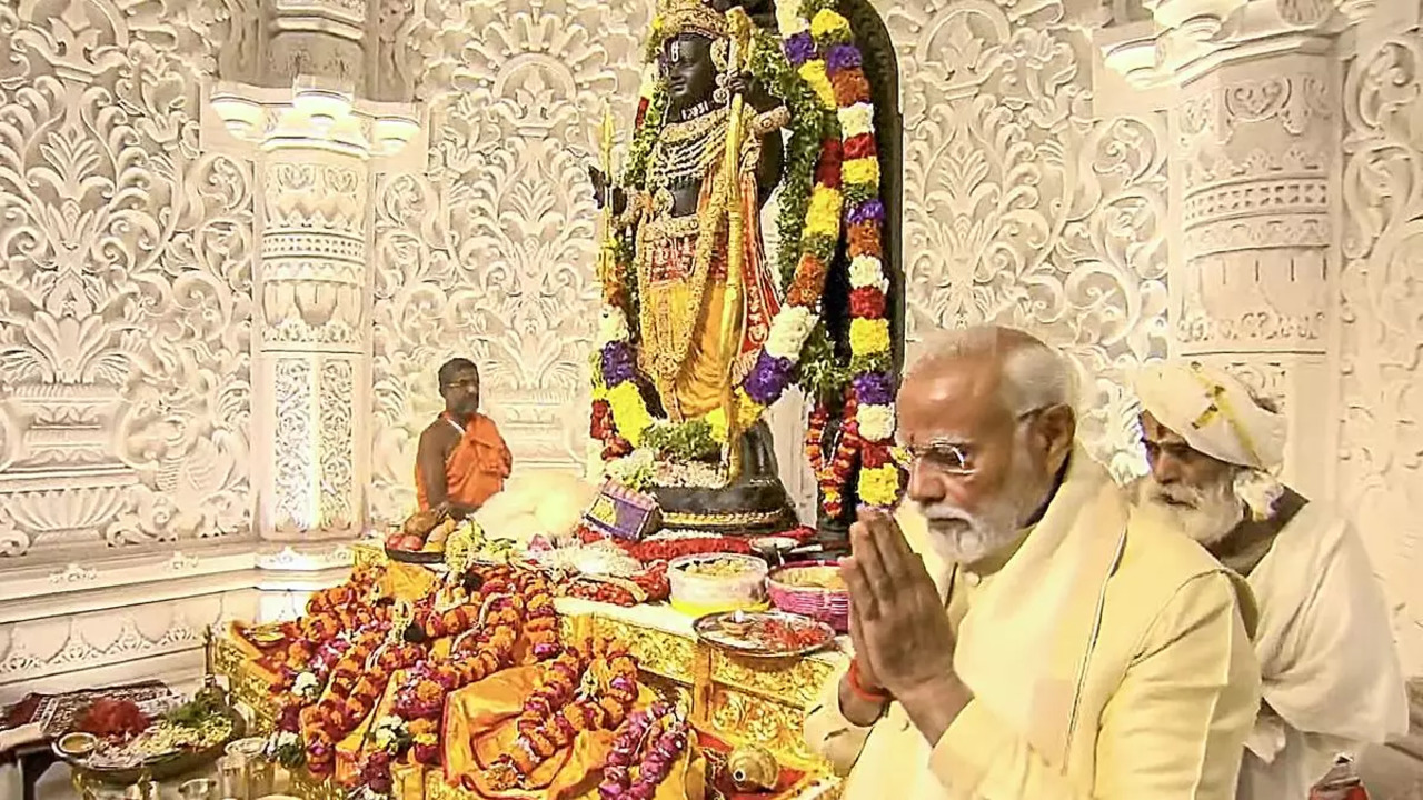 Prime Minister Narendra Modi during the 'Pran Pratishtha' rituals at the Ram Mandir, in Ayodhya ​