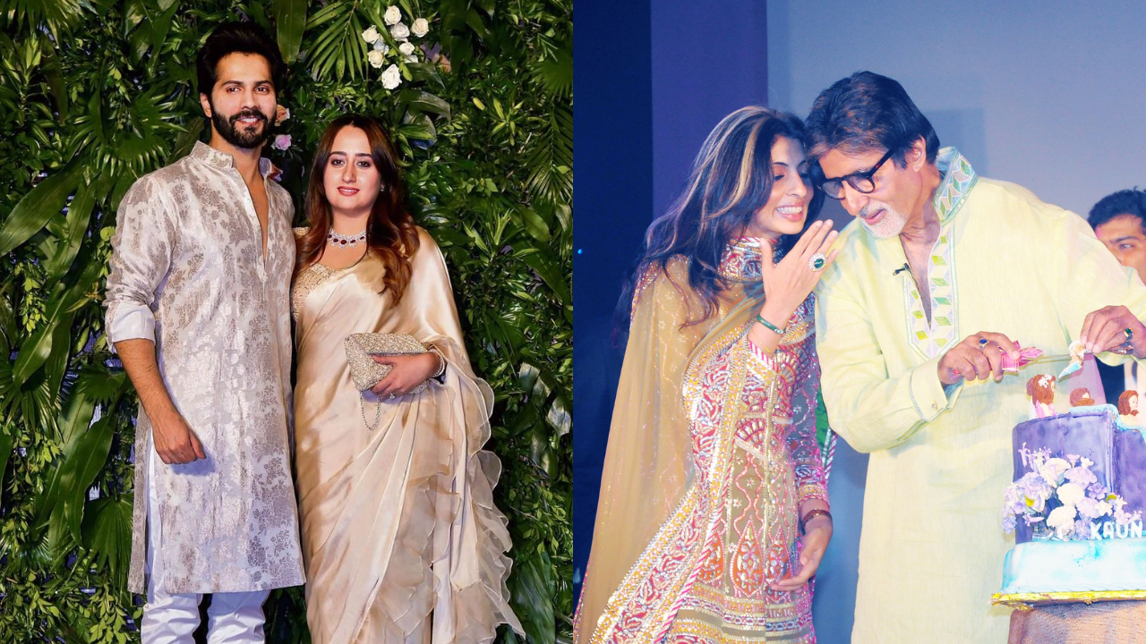 (L to R): Varun Dhawan and his wife Natasha Dalal, Amitabh Bachchan with his daughter Shweta Nanda