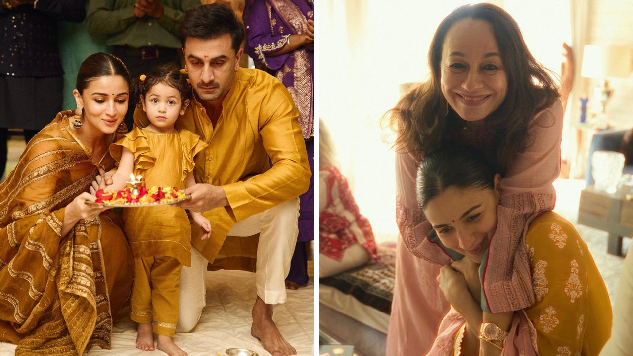 inside alia bhatt's diwali celebrations: actress performs puja with ranbir kapoor and raha, cuddles mom soni razdan. see pics