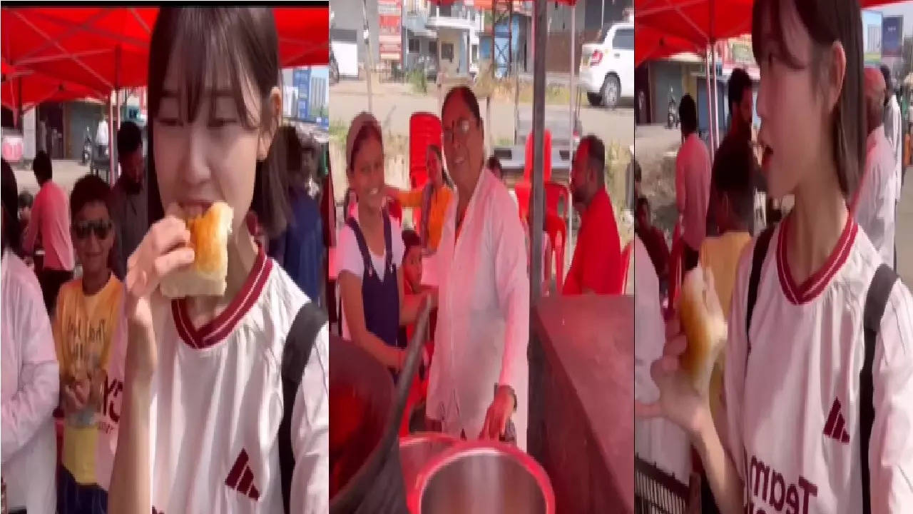 korean girl eating vadapav