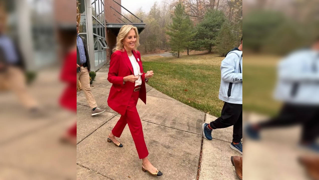 First Lady Jill Biden casts her vote in a red outfit    (Photo Credits: X / Twitter)