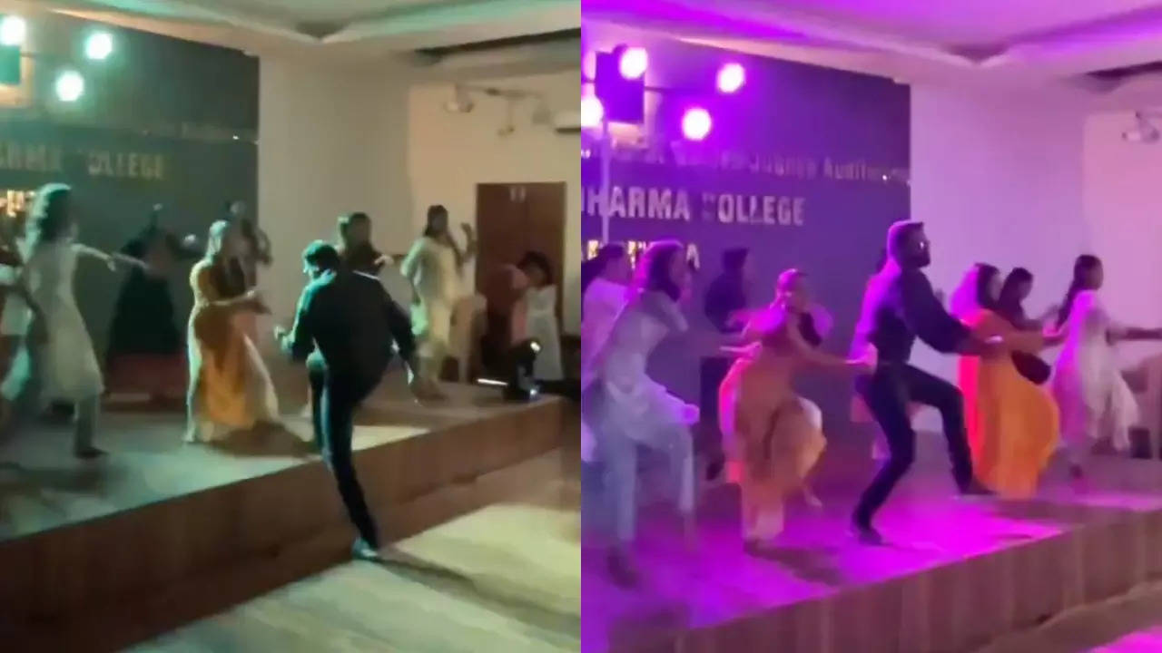 Vineeth VC, Sanatana Dharma College's B.Com HOD, dances at the 2024 Freshers Party. | Amal V Nath