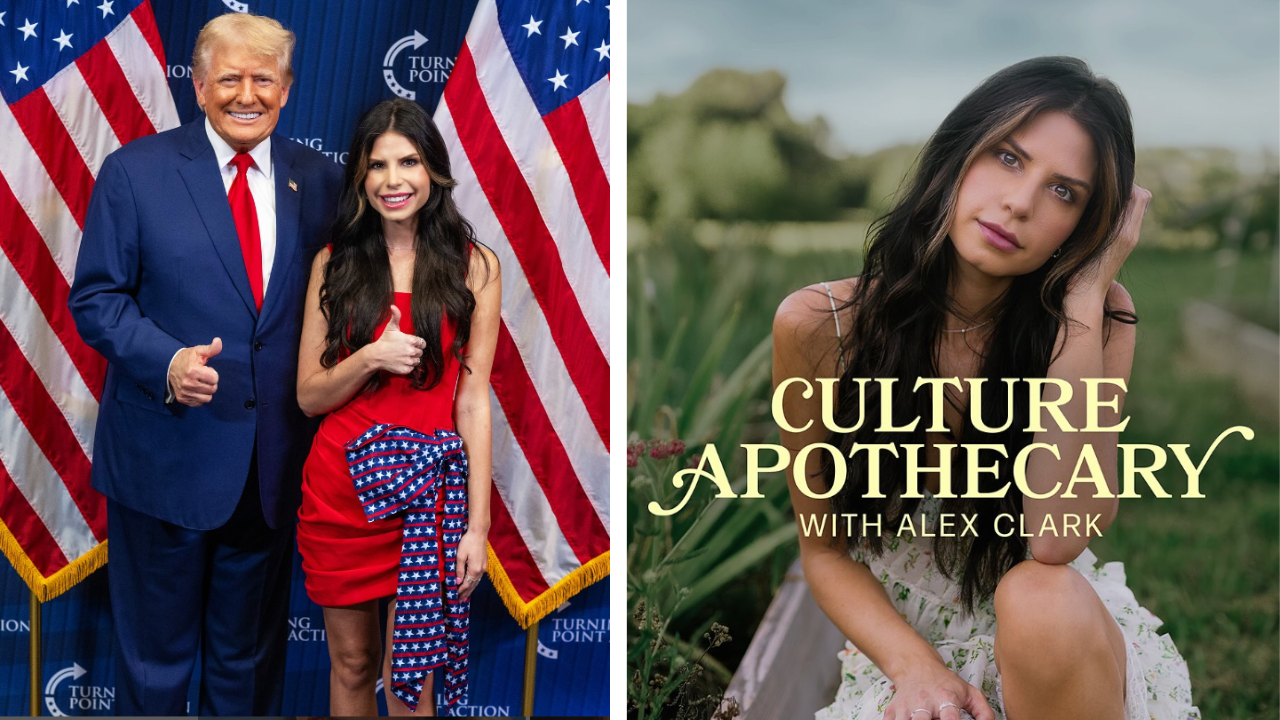 (L) Alex Clark with Donald Trump, (R) Clark's twice-weekly podcast 'Culture Apothecary'