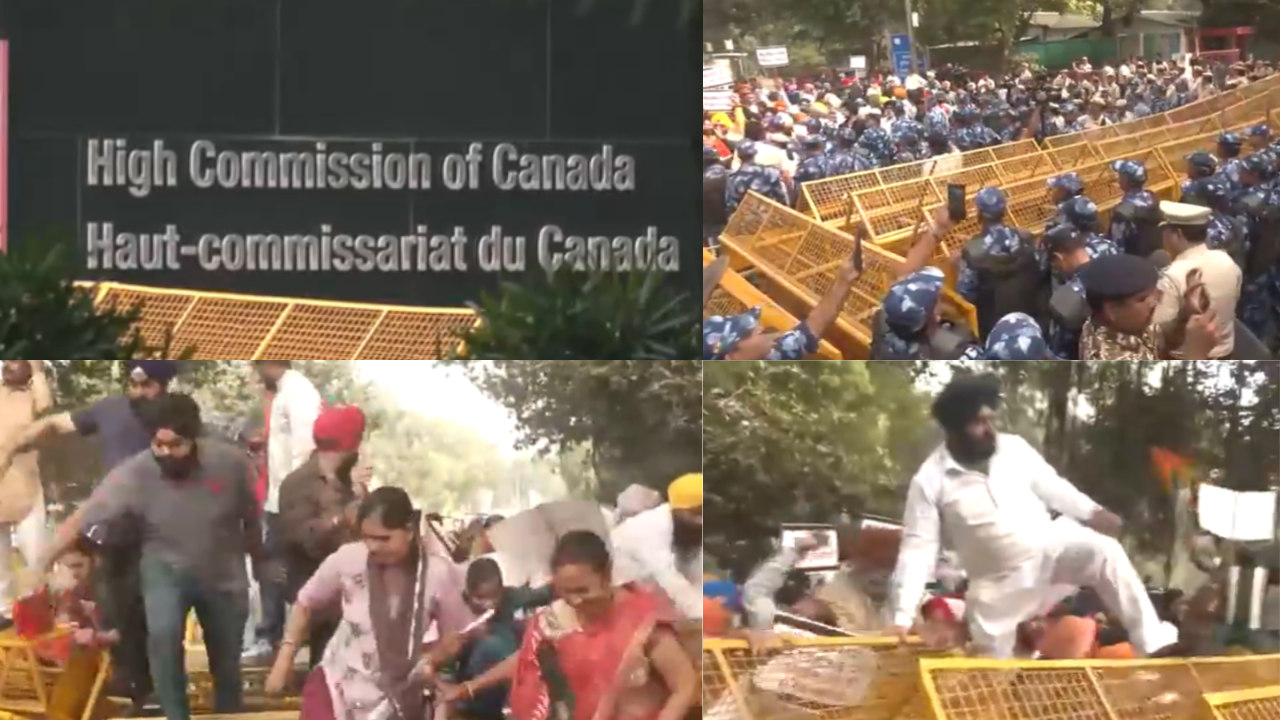 huge ruckus outside canadian mission in delhi protesters topple barricades temple vandalised brampton justin tudeau video