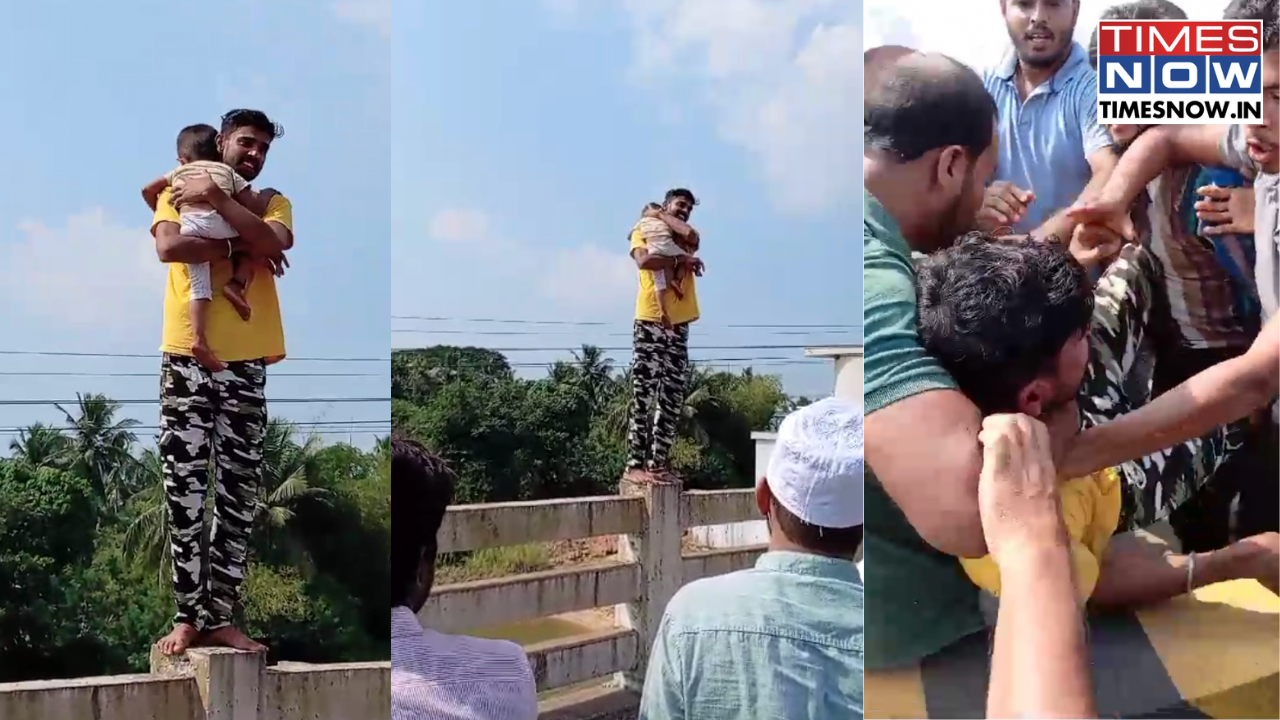 video: mangaluru man attempts suicide by trying to jump off terrace with 2-year-old child