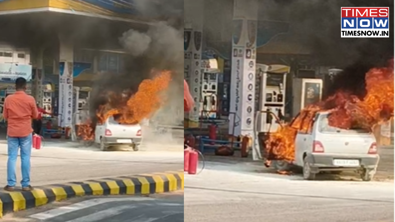 Panic in Mangaluru as Car Catches Fire Near Fuel Station