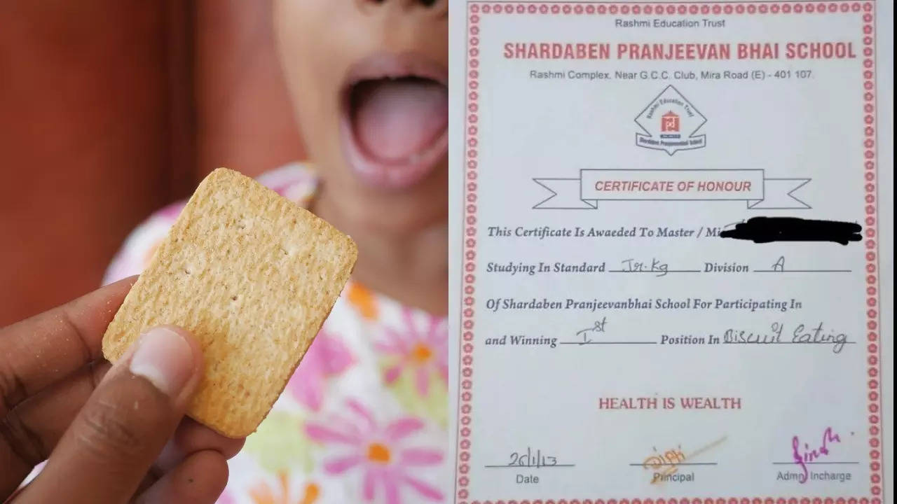 A Shardaben Pranjeevanbhai School certificate honours a student's first-place finish in the 2013 biscuit-eating competition. | Courtesy: Bateman/X