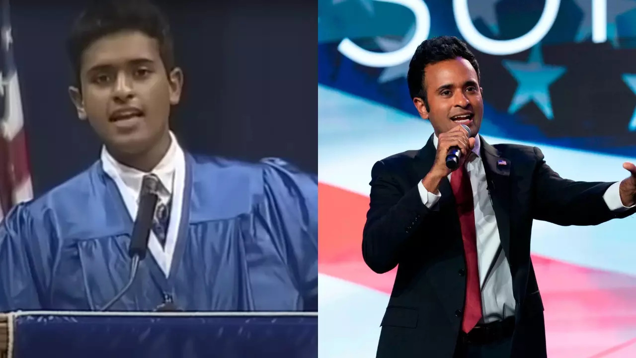 Vivek Ramaswamy during his high-school graduation speech (left) and at a Madison Square Garden rally for Donald Trump (right).