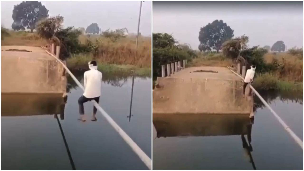 Telangana Man Slides On Pipe To Cross Stream After Bridge Collapse