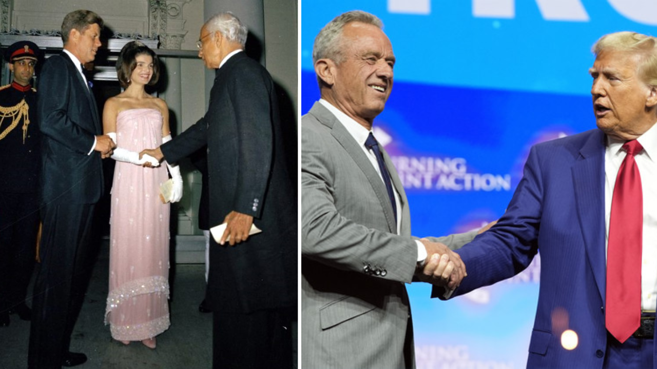 (L) Jacqueline Kennedy in a sari-inspired dress (3 June 1963); (R) Robert F Kennedy Jr. with President Trump