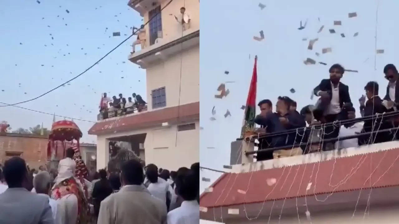 Cash rains down on a Baraat in Devalhava, Siddharthnagar, UP. | bareilly_jhumkacity001/Instagram