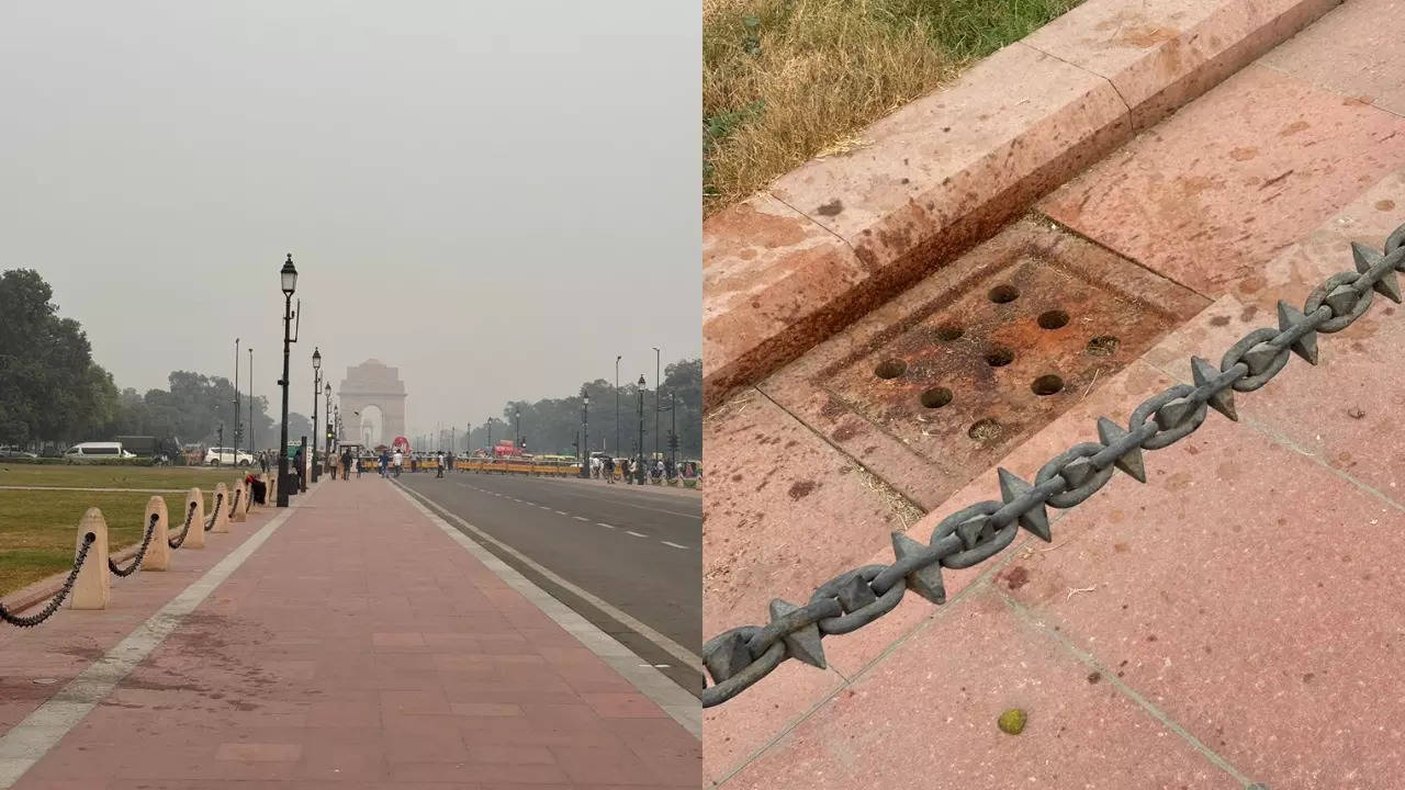 Gutkha stains foreground a view of India Gate on Kartavya Path in Delhi. | Courtesy: Kirat/X