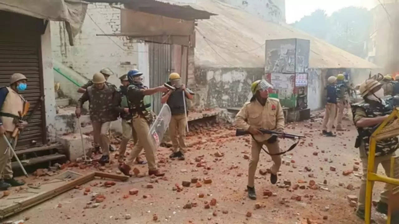 Police try to control situation after violence erupted during the second survey of the Jama Masjid