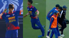 Watch Nepal U-19 bowler being taken off the field after serious injury while celebrating a wicket in the Asia Cup