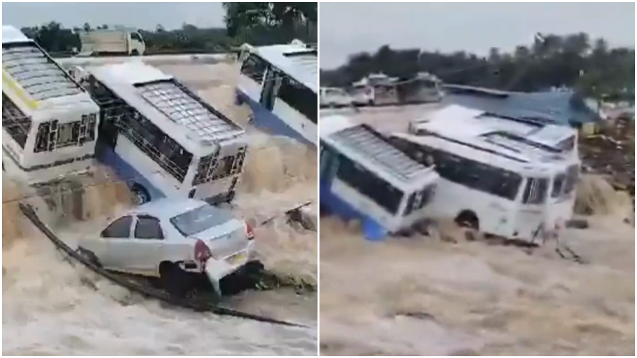 Buses, Cars Swept Away After Floodwater Enters Uthangiri Bus Station In Tamil Nadu