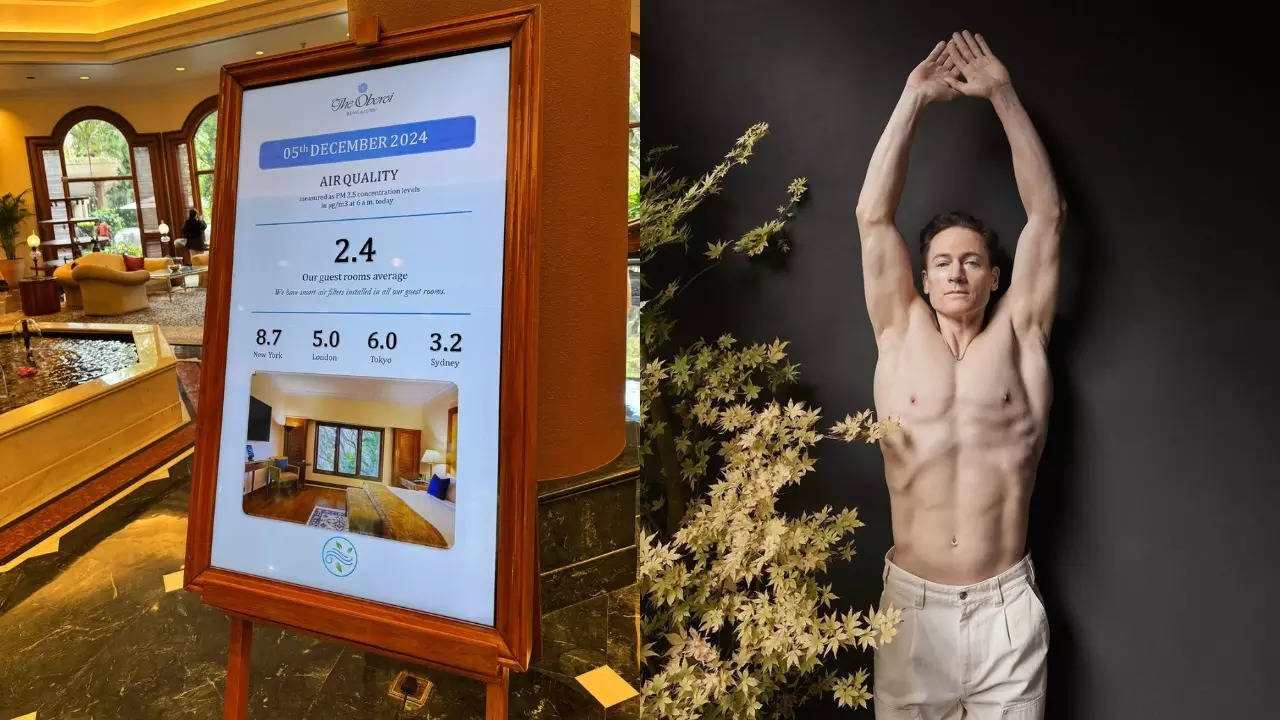 A board displays in real-time the AQI at The Oberoi Bengaluru. | Image courtesy: Bryan Johnson