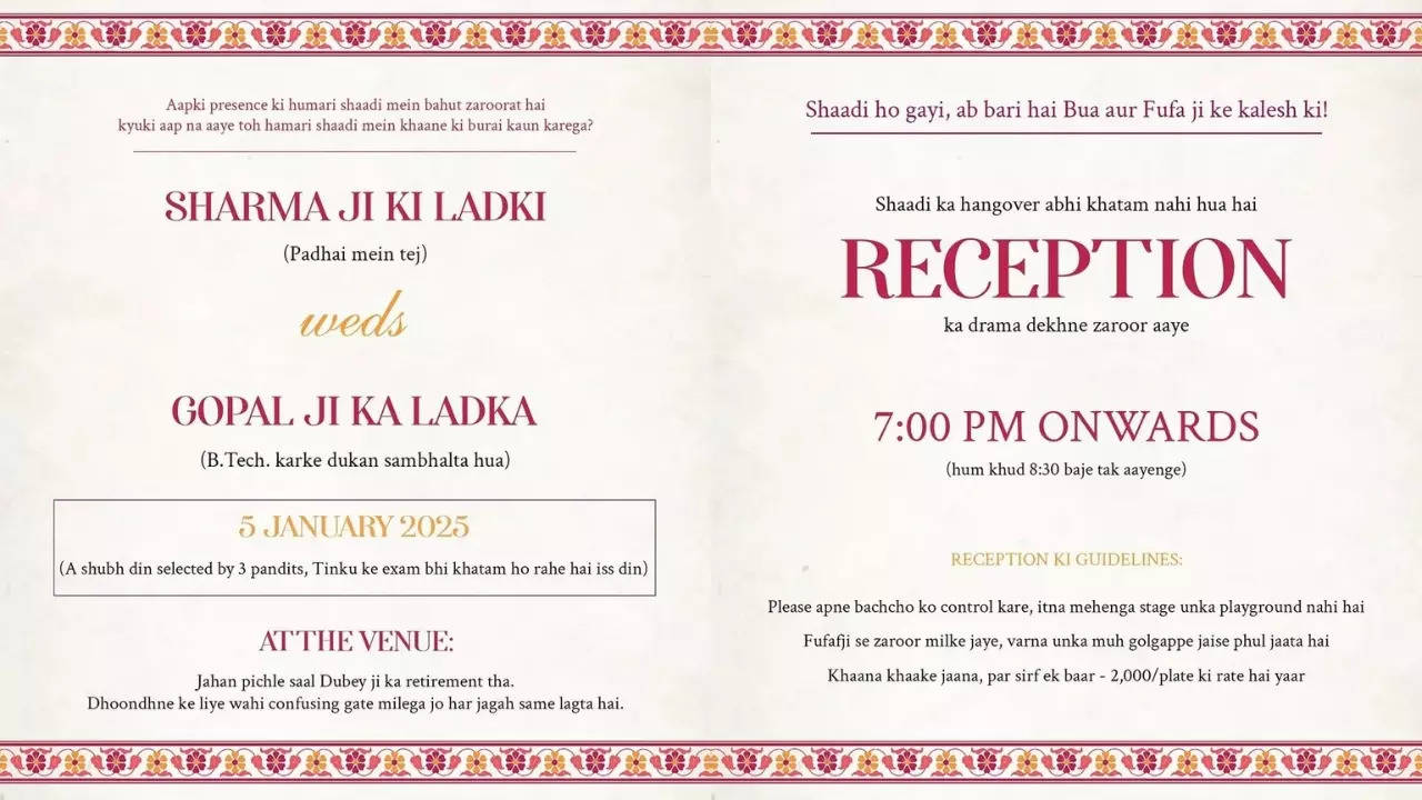 A satirical invitation mocks the stereotypical Indian wedding. | Image courtesy: @DoctorAjayita/X