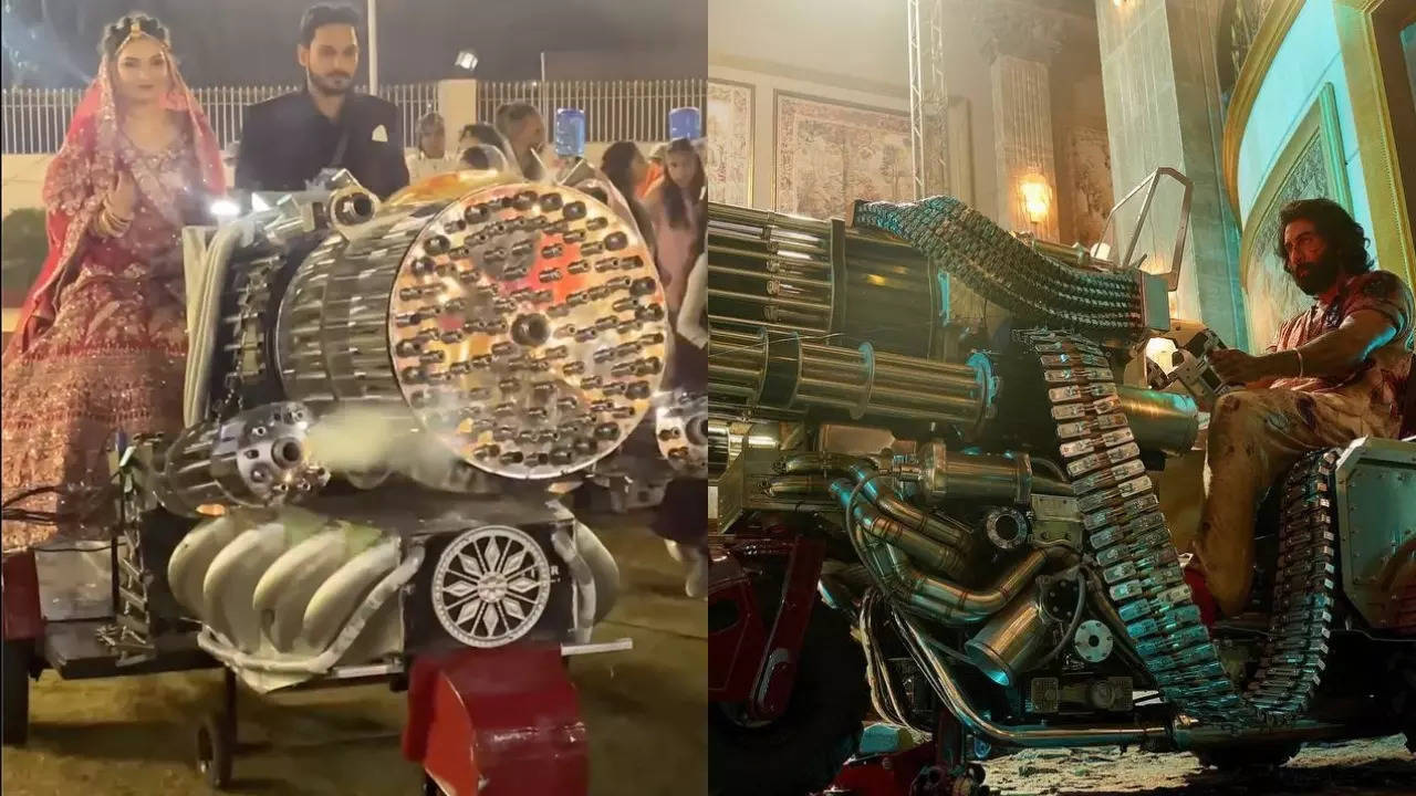 A bride and groom recreate the 'Animal' machine gun for their wedding entry. | Ashish Suiwal