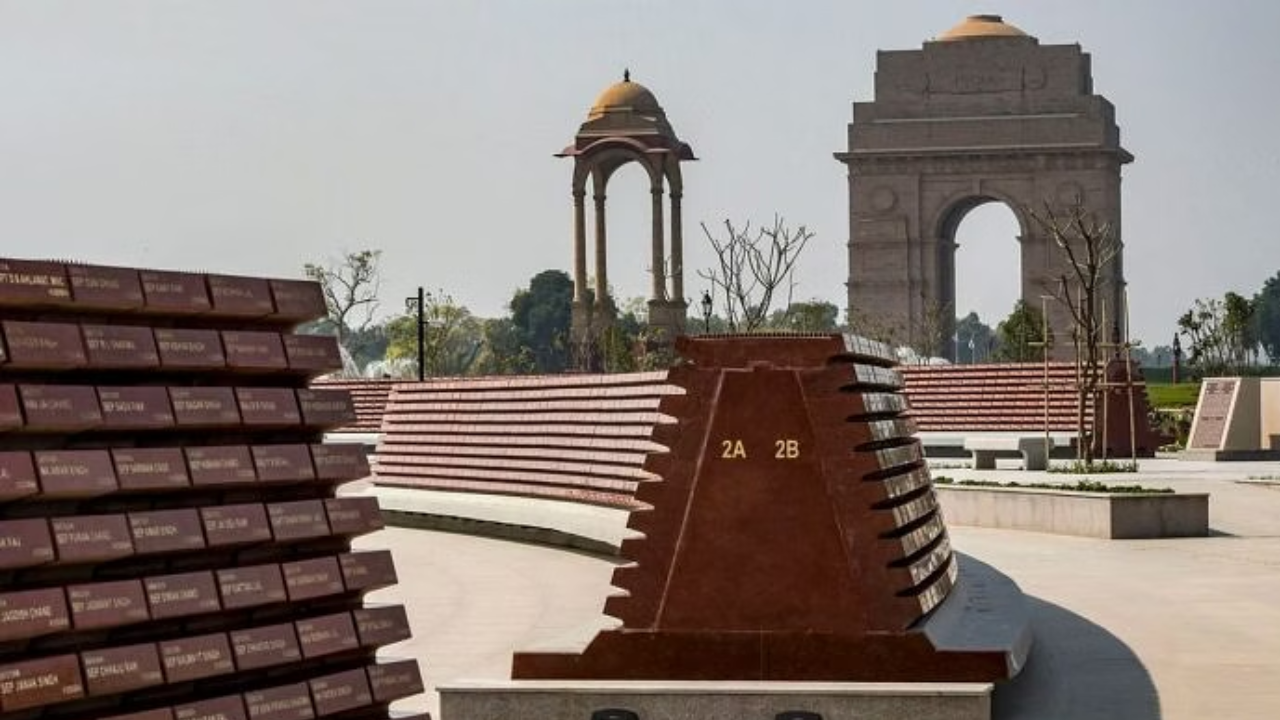 A wall with the names of the martyred soldiers displayed at the National War Memorial in New Delhi