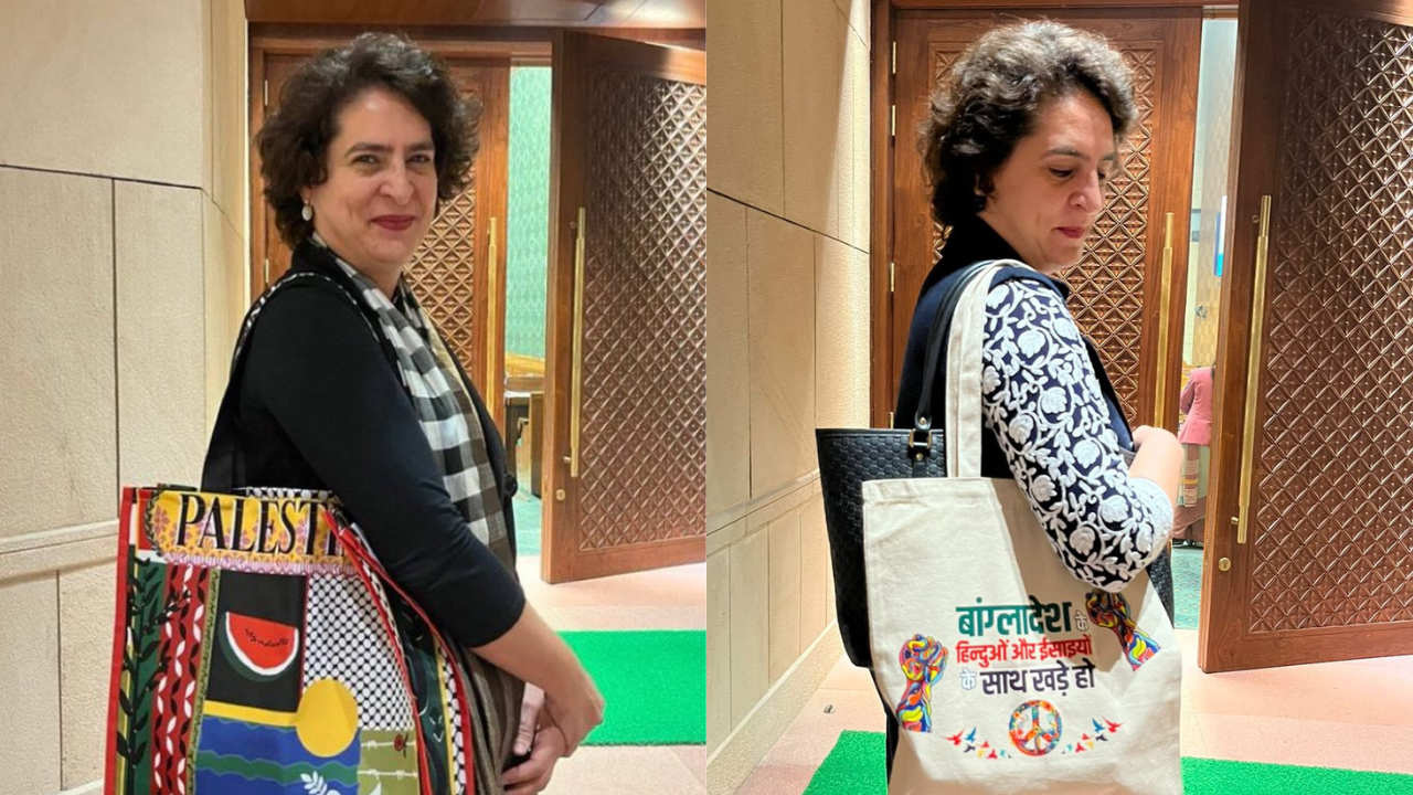 Congress MP Priyanka Gandhi Vadra with her bags in Parliament