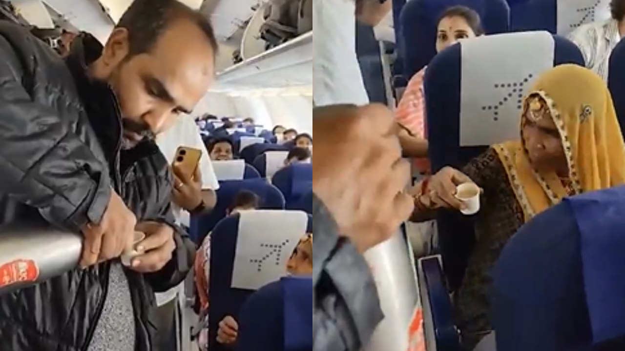 Indigo passenger serves tea on flight.