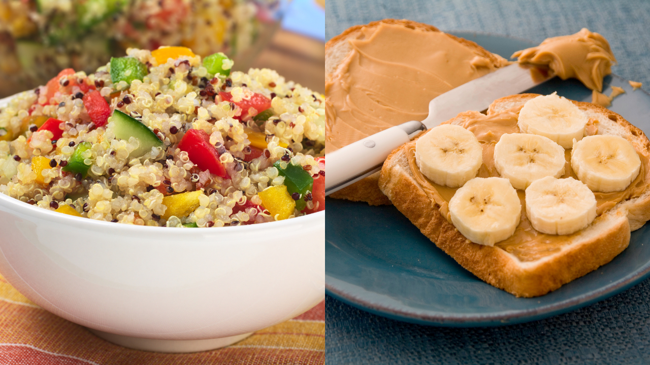 Warm quinoa bowl and peanut butter toast for wholesome breakfast