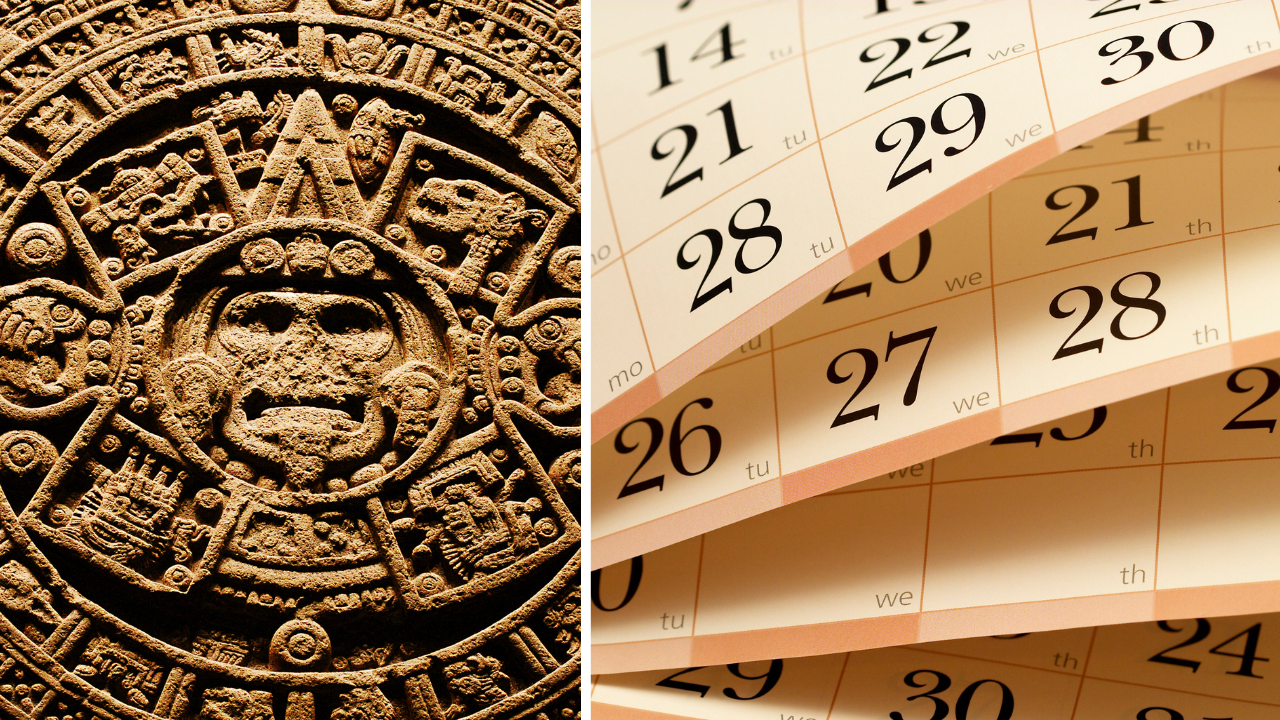 ​(L to R) Aztec calendar stone; (source: the National Museum of Anthropology, Mexico City); modern day calendar, (source: Canva​)