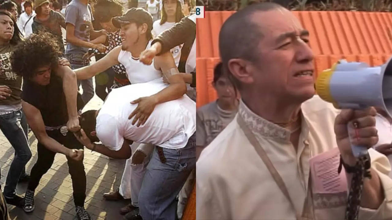 Hare Krishna followers intervene in the emo-punk fight in Mexico City . | Courtesy: Azteca Noticias