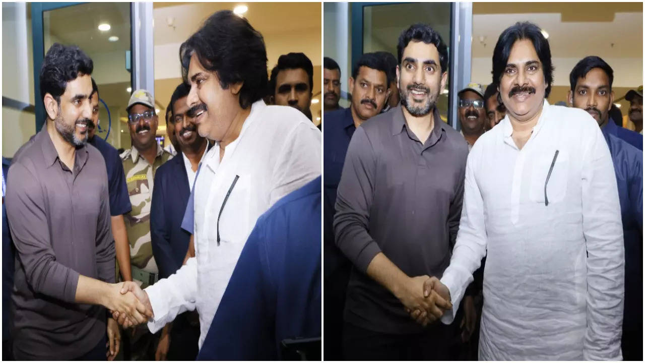 pawan kalyan and nara lokesh greet each other vijayawada gannavaram airport