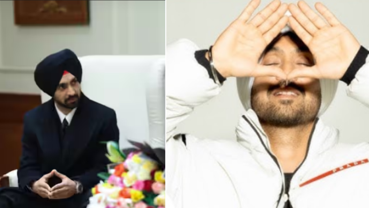 Diljit Dosanjh positions his hands in a triangle 