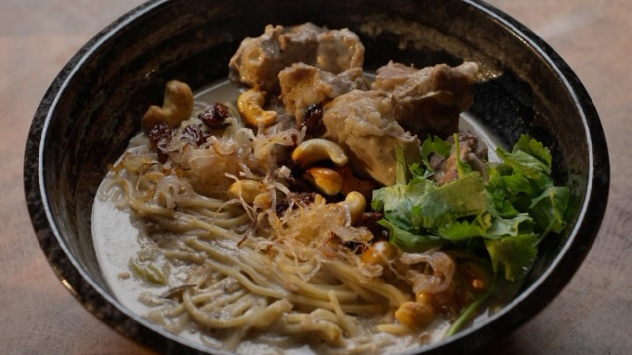 Ramen bowl with healthy Kerala mutton stew for dinner