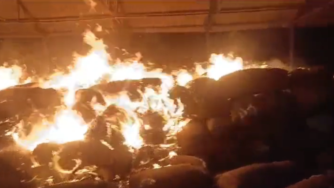 video: massive fire breaks out in cotton market in telangana's khammam; over 1,000 cotton bags catch fire
