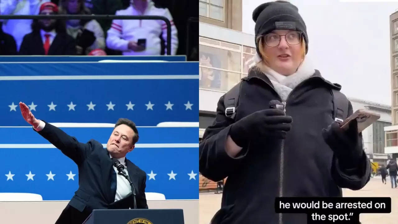 A woman explains the potential consequences of the Elon Musk gesture, which has been compared to the Nazi salute, in Germany. Angela Weiss/AFP/Getty Images