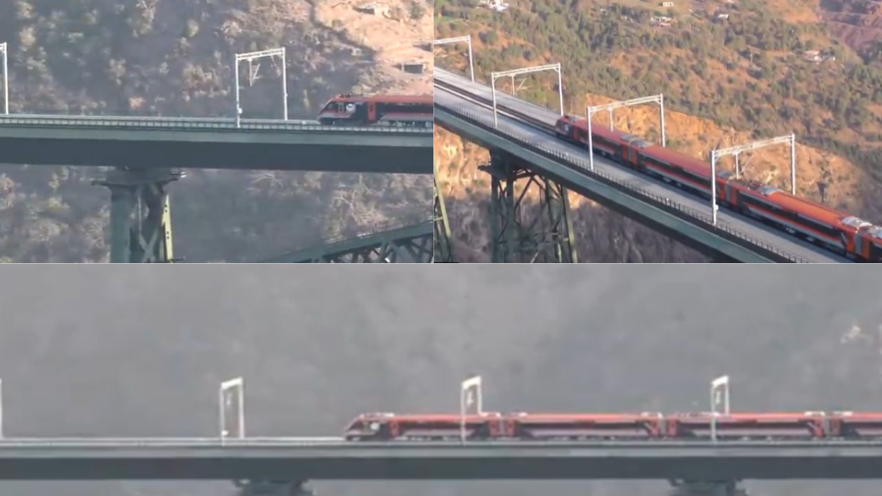 Vande Bharat train crossing the Chenab Rail Bridge