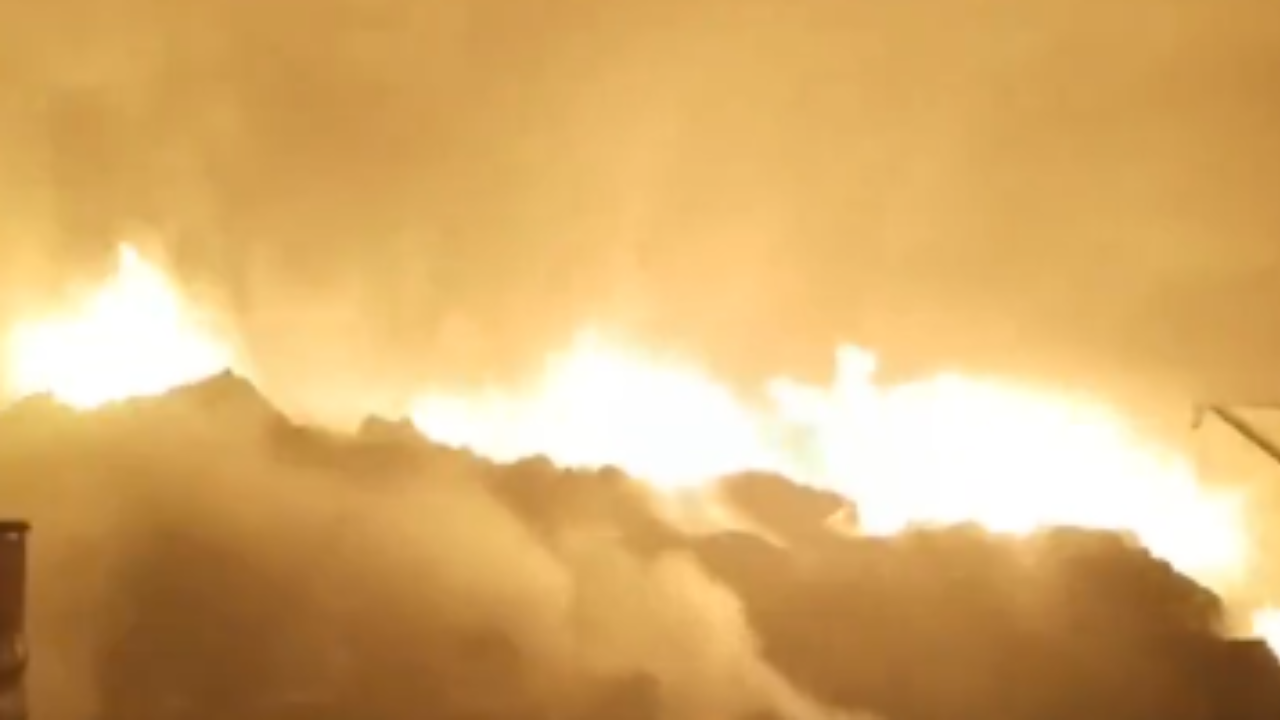 massive fire breaks out in scrap godown in gujarat's bharuch - video