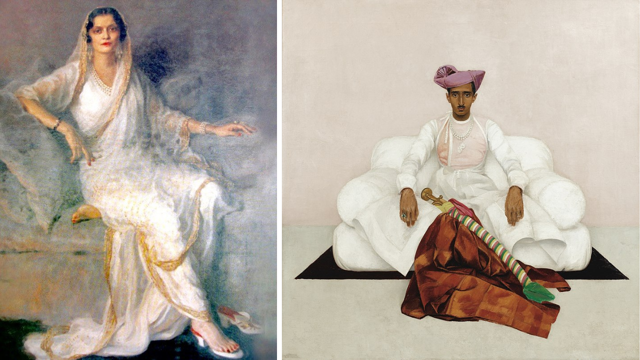 (L) Philip Alexius de László: Retrato de Maharani Indira Devi de Baroda y Cooch Behar, 1927; The painting depicts her in a chiffon sari, which she introduced to the royal wardrobe and in white shoes, depicting her love for shoes (R) The painting depicts Yeshwant Rao Holkar II sitting on Holkar's white throne in traditional Maratha attire with a garnet-hued turban on his head, two 47-carat diamonds ('Indore Pears') around his neck, along with a luxurious fabric and a striped Sabre Scabbard a sus pies (1933-1934) por Bernard Boutet de Monvel