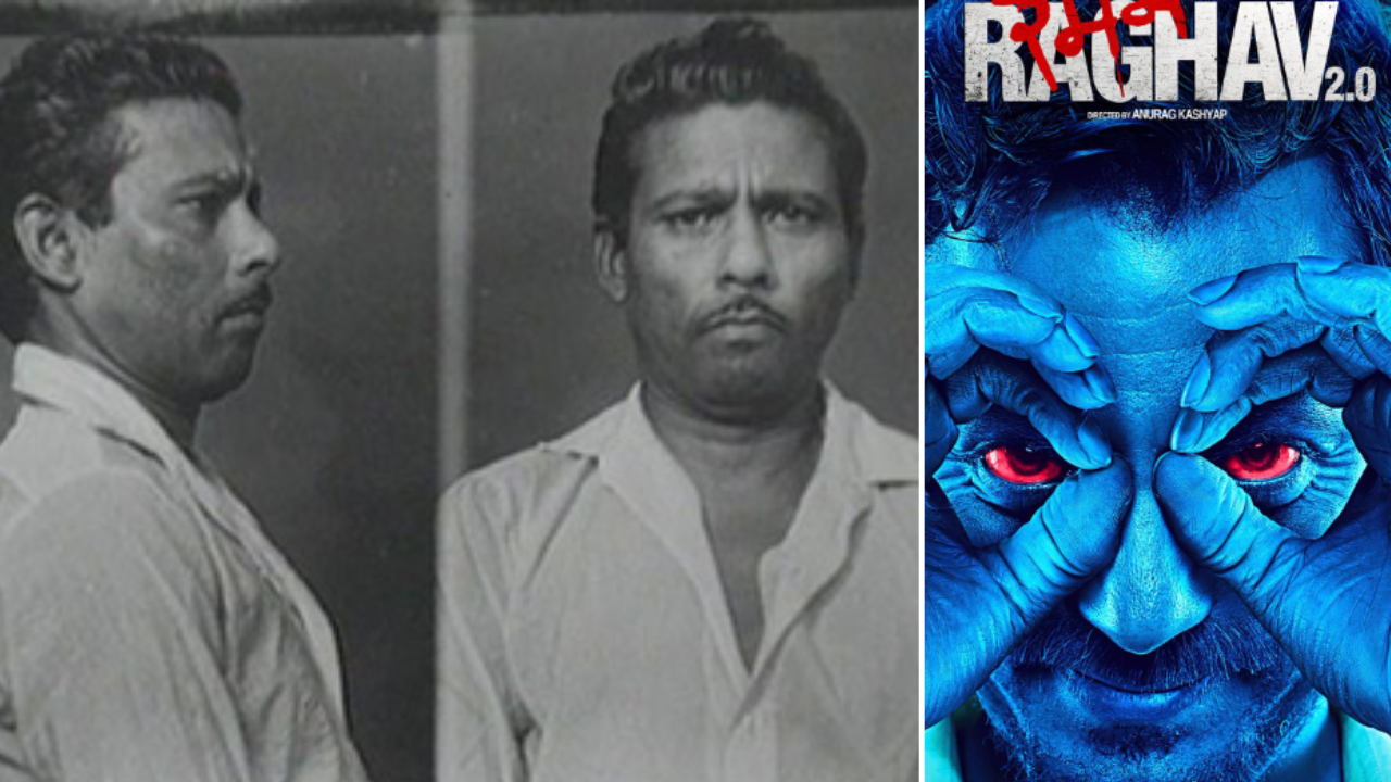 (L a R) Policía de la policía del asesino en serie indio Raman Raghav, tomada por la policía de Mumbai en 1968.; Póster de película Raman Raghav 2.0 (IMDB)