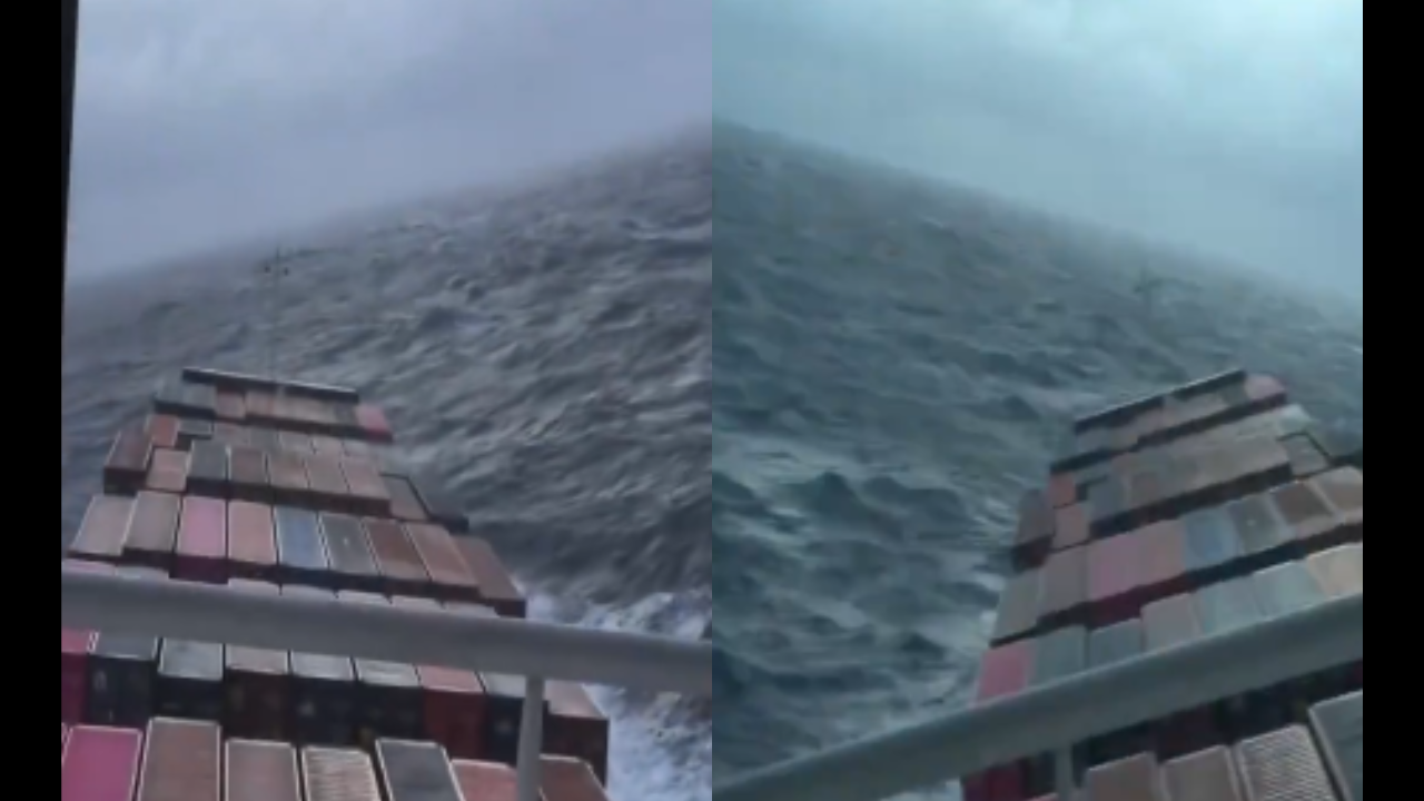 The massive load ship rolls through monstrous waves in the open ocean, the viral video unlocks the Internet talassophobia: look the most dangerous waves