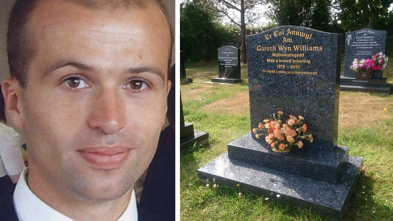 (L) Portrait of Gareth Williams (R) Gareth Williams' grave in Ynys Wen Cemetery, Valley, Anglesey. (Source: Wikimedia Commons, public domain)