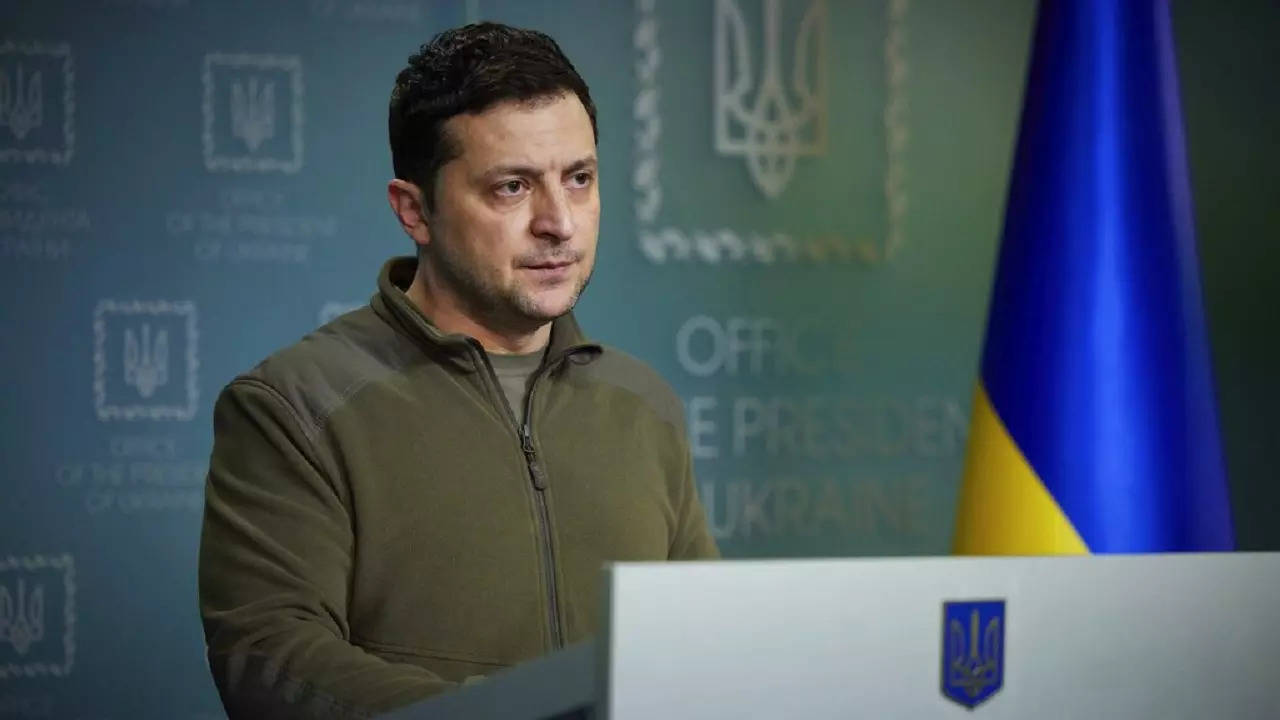 Ukrainian President Volodymyr Zelenskyy delivers his speech addressing the nation in Kyiv, Ukraine, Friday, Feb. 25, 2022.