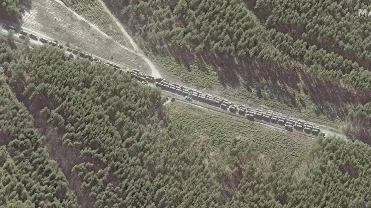 Satellite image shows northern end of a convoy of Russian vehicles southeast of Ivankiv, Ukraine on Monday, Feb. 28, 2022.