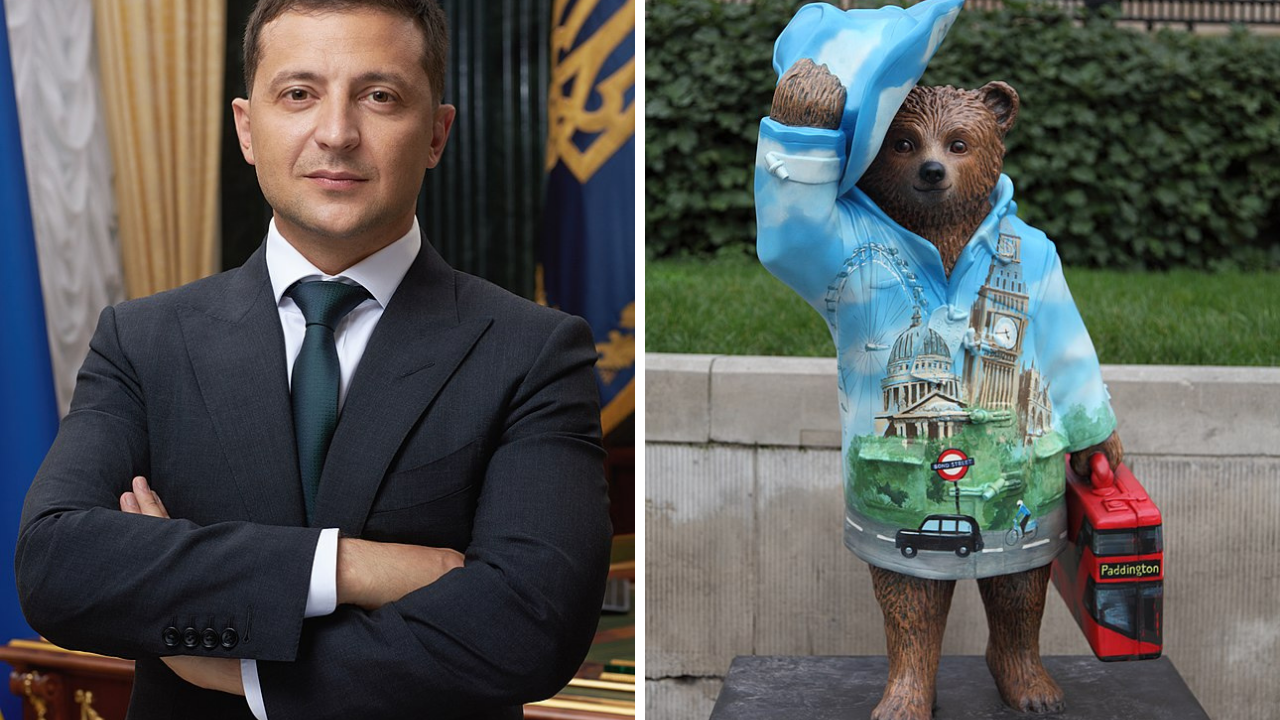 Ukrainian President Volodymyr Zelensky (left), gave voice to Paddington Bear (right). | Image courtesy: Wikimedia Commons