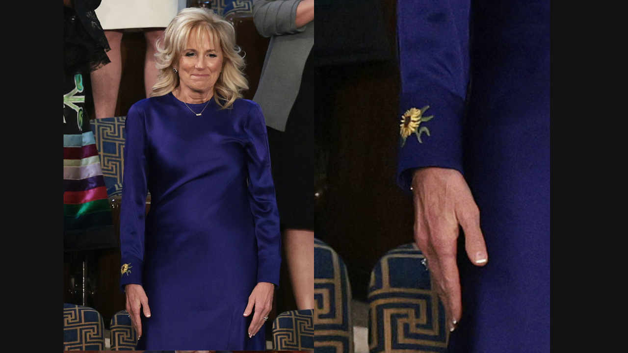 Jill Biden wears blue dress with sunflower