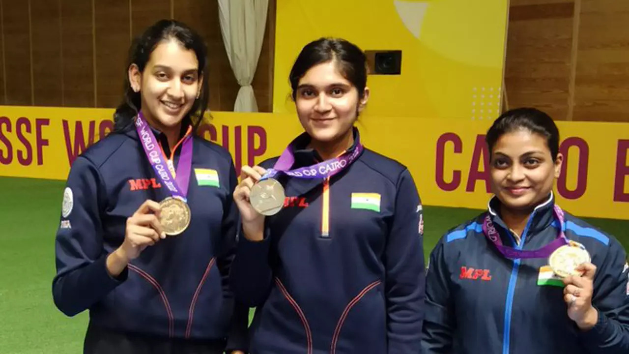 India's-Shri-Nivetha,-Esha,-Ruchita-win-gold-in-women's-10m-air-pistol-team-event