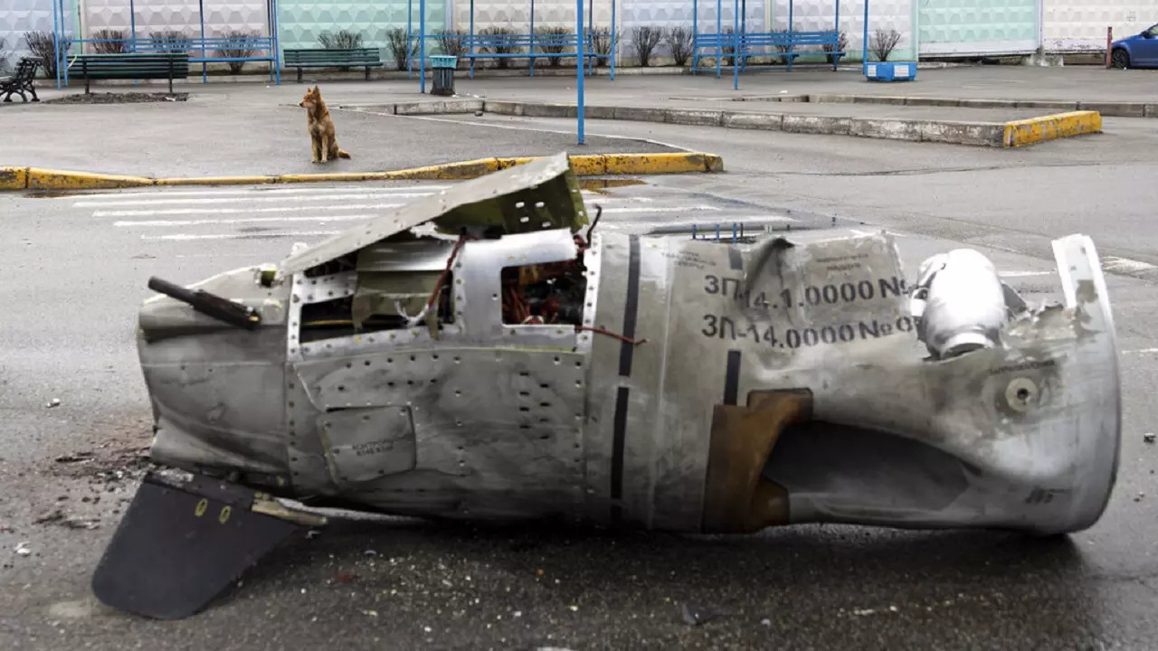 The remains of a missile lie on a street in Vydubychi district of Kyiv in Ukraine